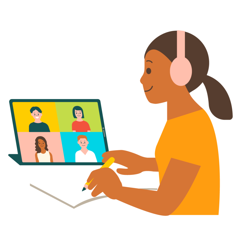 An online school student taking online class with other students from home.