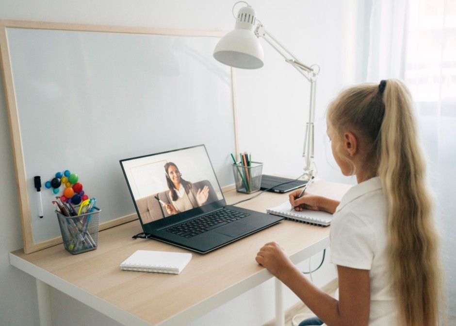 child taking online classes from online school.